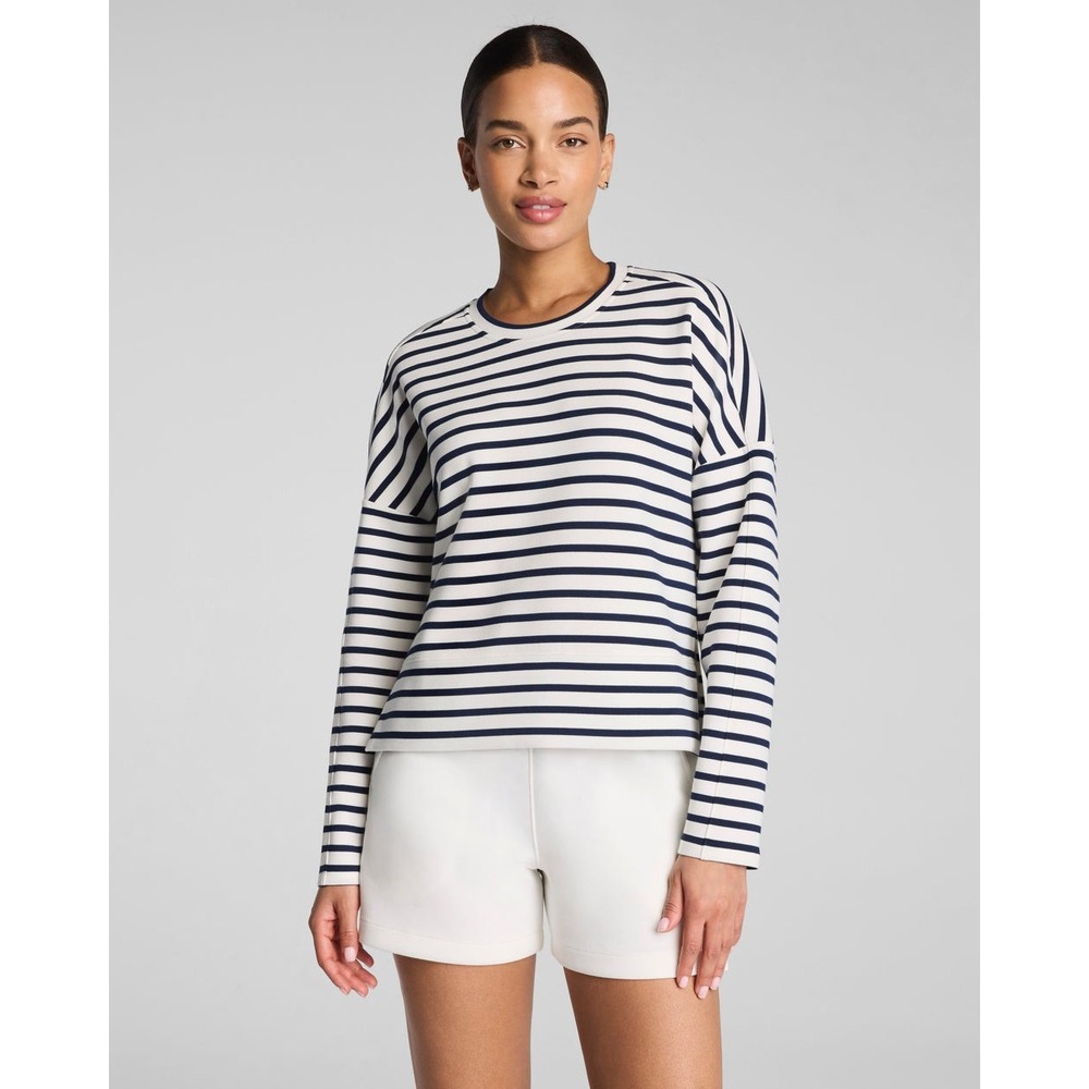 Spanx AirEssentials Striped Crewneck‎ Long Sleeve Top Black White Travel S
